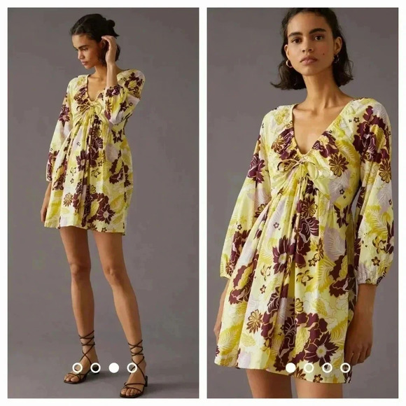 Anthropologie V Neck Babydoll Mini Dress Floral Long Sleeve Boho Beach XXS - Picture 1 of 10